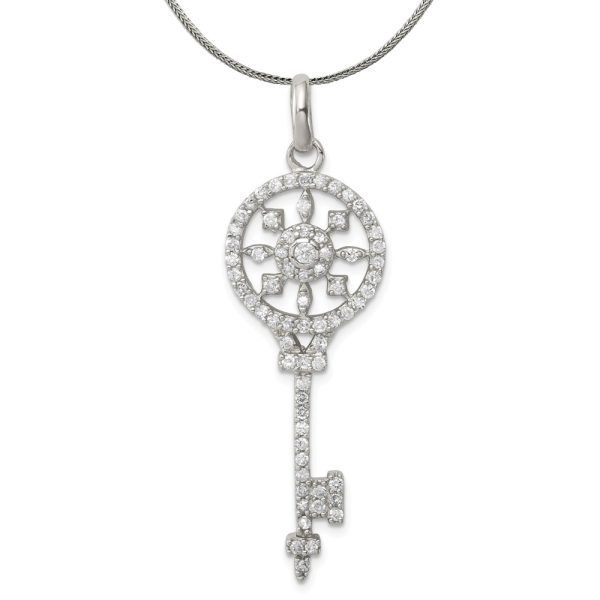 Sterling Silver Cubic Zirconia Skeleton Key Pendant Necklace