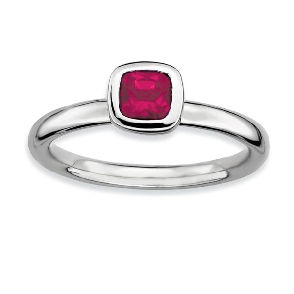 Sterling Silver Cushion Cut Created Ruby Solitaire Ring, Size 8