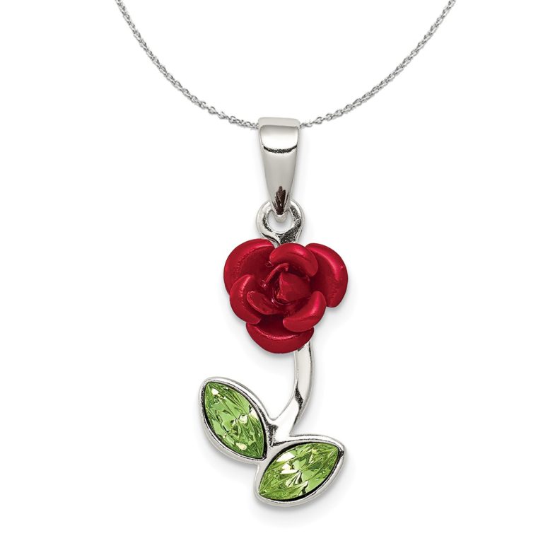 Sterling Silver, Enamel and CZ 3D Red Rose and Green Leaf Necklace