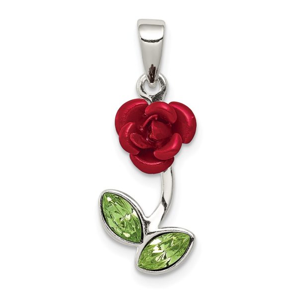 Sterling Silver, Enamel and CZ 3D Red Rose and Green Leaf Pendant