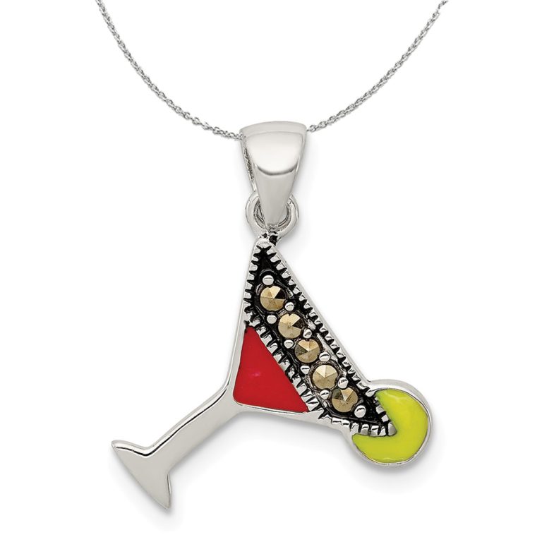 Sterling Silver, Enamel and Marcasite Martini Glass Necklace