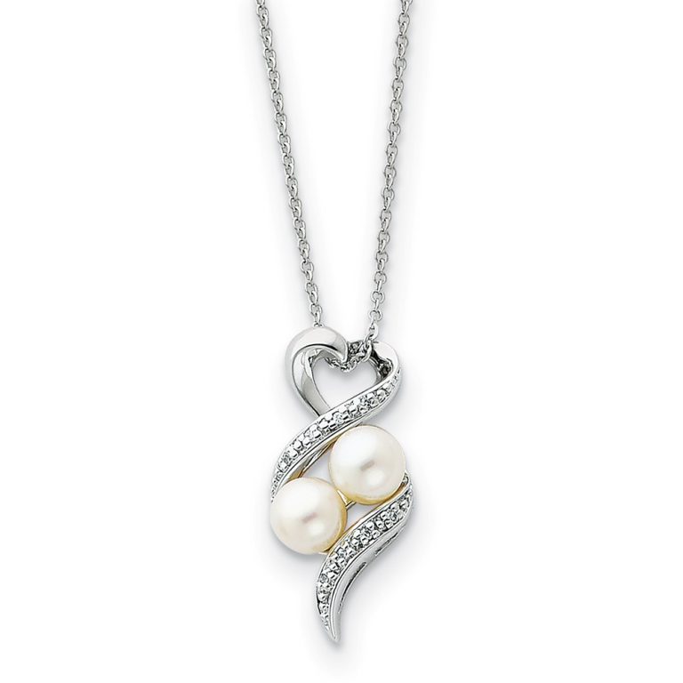 Sterling Silver, FW Cultured Pearl & CZ 2 P's in a Pod Heart Necklace