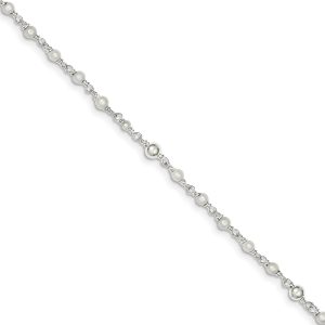 Sterling Silver FW Cultured Pearl and Heart Anklet, 9-10 Inch