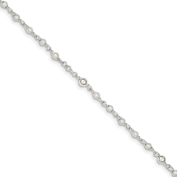 Sterling Silver FW Cultured Pearl and Heart Anklet, 9-10 Inch