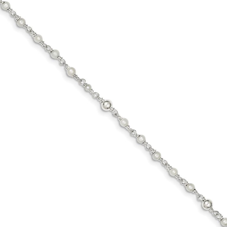 Sterling Silver FW Cultured Pearl and Heart Anklet, 9-10 Inch