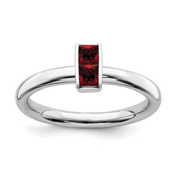 Sterling Silver Garnet 2 Stone Bar Stackable Ring, Size 8