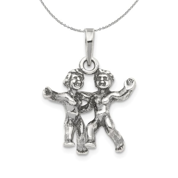 Sterling Silver Gemini the Twins Zodiac 3D Antiqued Necklace