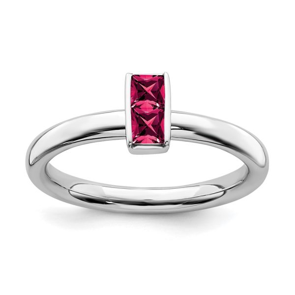 Sterling Silver Lab Created Ruby 2 Stone Bar Stackable Ring, Size 6