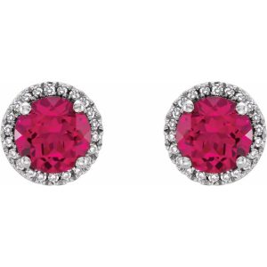 Sterling Silver, Lab Created Ruby & Diamond 8mm Halo Style Earrings