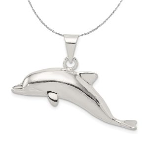 Sterling Silver Large 2D Polished Dolphin Necklace