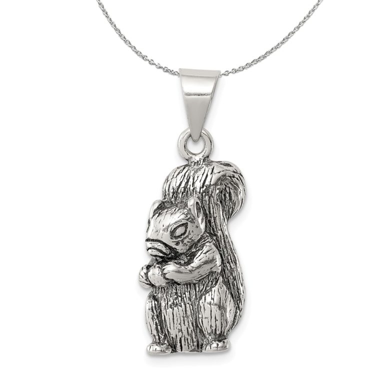 Sterling Silver Large Antiqued Squirrel with Nut Necklace