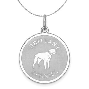 Sterling Silver Laser Etched Brittany Spaniel Dog 19mm Necklace