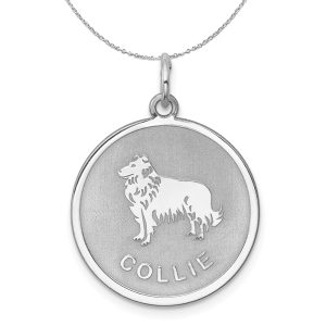 Sterling Silver Laser Etched Collie Dog 19mm Necklace