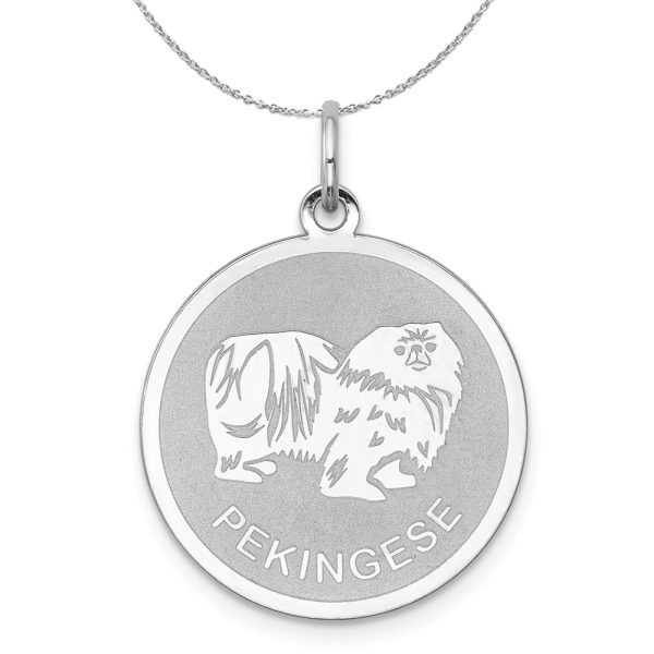 Sterling Silver Laser Etched Pekingese Dog 19mm Necklace