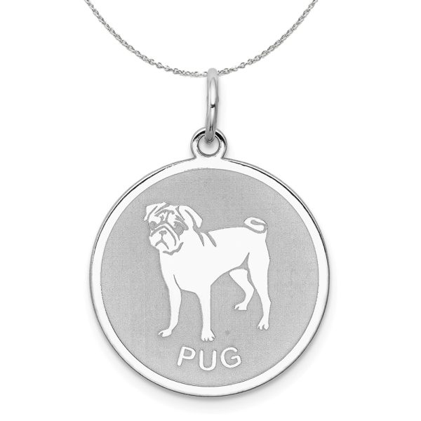 Sterling Silver Laser Etched Pug Dog 19mm Necklace