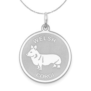 Sterling Silver Laser Etched Welsh Corgi Dog 19mm Necklace