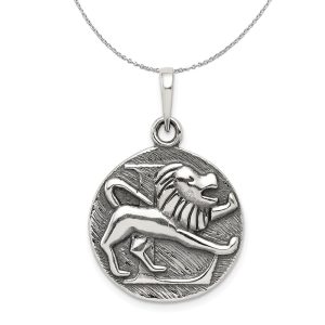 Sterling Silver Leo the Lion Zodiac Embossed Circle Necklace