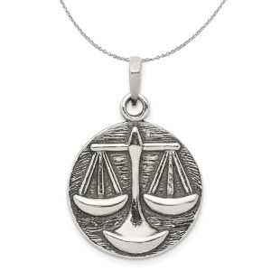 Sterling Silver Libra the Scale Zodiac Embossed Circle Necklace