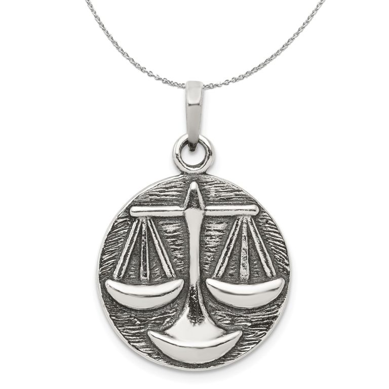 Sterling Silver Libra the Scale Zodiac Embossed Circle Necklace