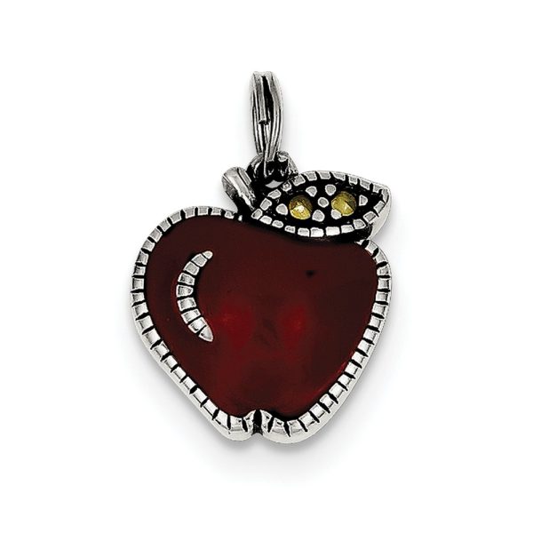 Sterling Silver, Marcasite and Red Enamel Antiqued Apple Charm