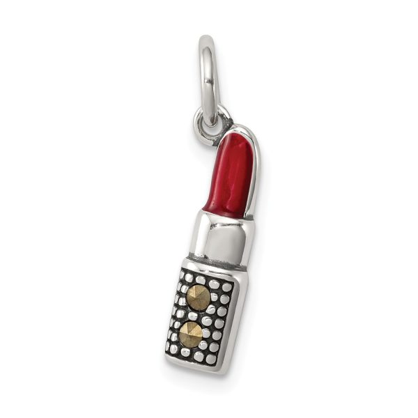 Sterling Silver, Marcasite and Red Enamel Antiqued Lipstick Charm