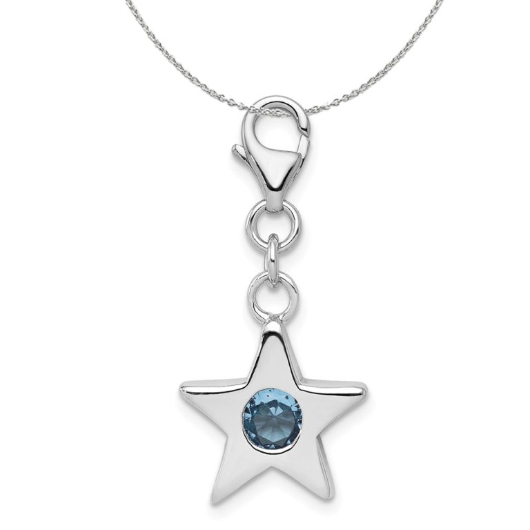 Sterling Silver March CZ Birthstone 13mm Star Clip-on Charm Necklace