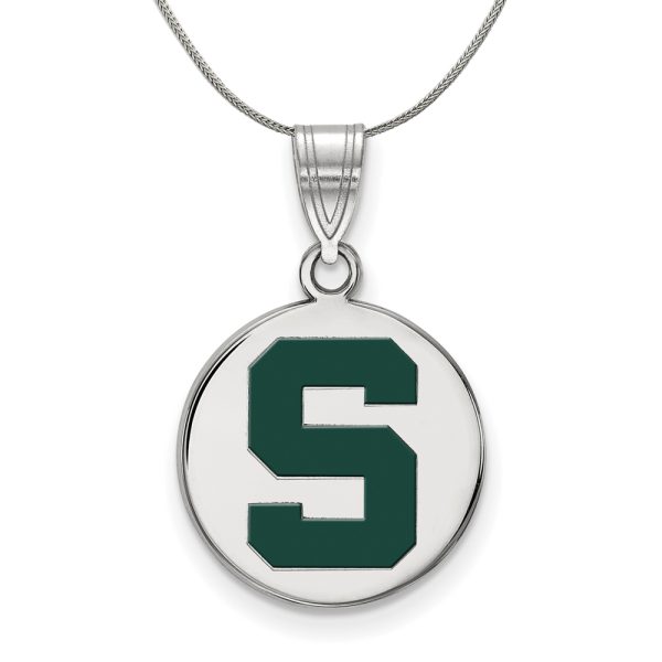 Sterling Silver Michigan State Medium Enamel 'S' Disc Necklace