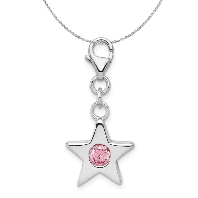 Sterling Silver October CZ Birthstone 13mm Star Clip-on Charm Necklace