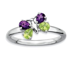 Sterling Silver Peridot & Amethyst Stack Gemstone Butterfly Ring, Sz 9