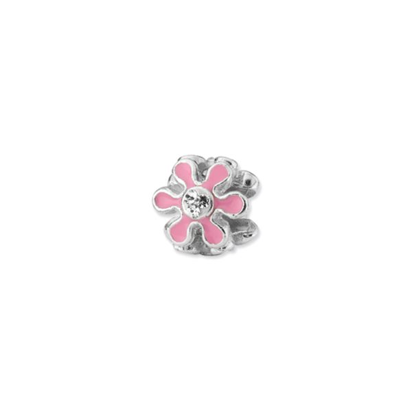 Sterling Silver, Pink Enameled with CZ Flower Bead Charm