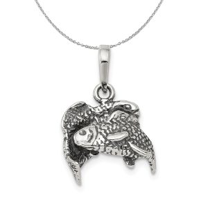 Sterling Silver Pisces the Fish Zodiac 3D Antiqued Necklace