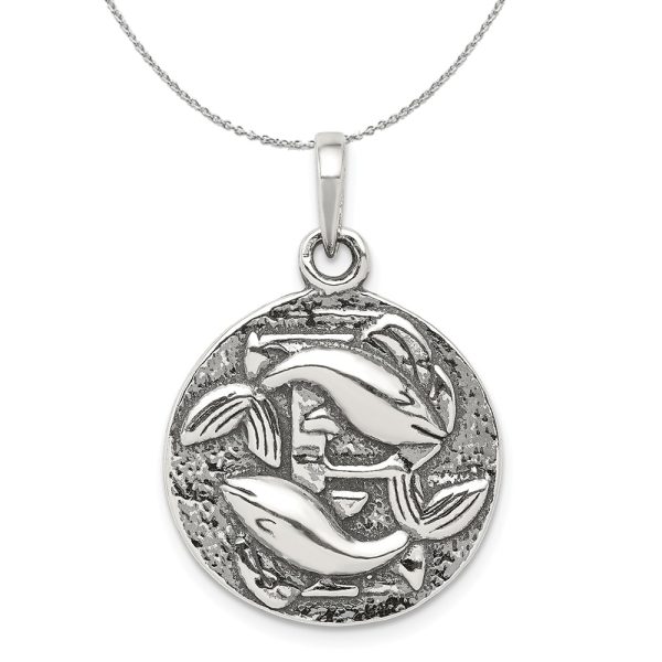 Sterling Silver Pisces the Fish Zodiac Embossed Circle Necklace