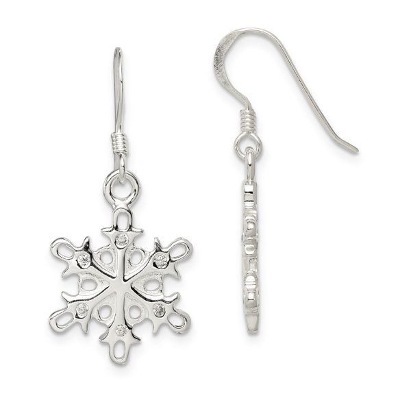 Sterling Silver Polished and Satin CZ Snowflake Dangle Earrings