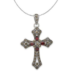 Sterling Silver, Red CZ & Marcasite Antiqued Passion Cross Necklace