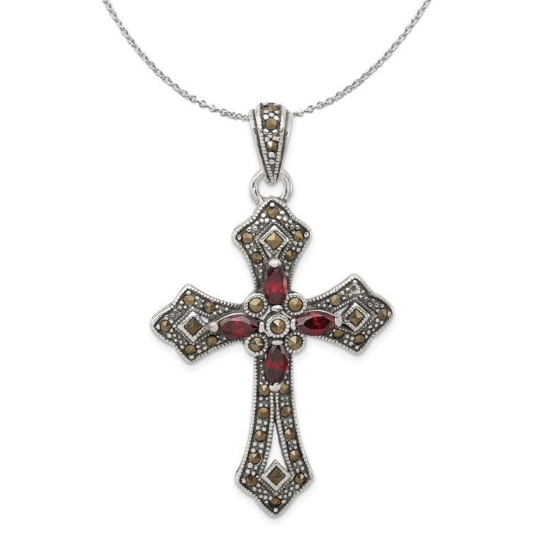 Sterling Silver, Red CZ & Marcasite Antiqued Passion Cross Necklace