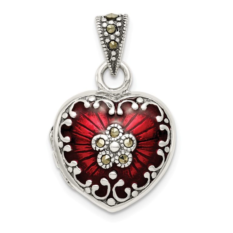 Sterling Silver, Red Enamel and Marcasite Antiqued Heart Locket, 16mm