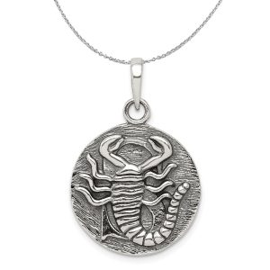 Sterling Silver Scorpio the Scorpion Zodiac Embossed Circle Necklace