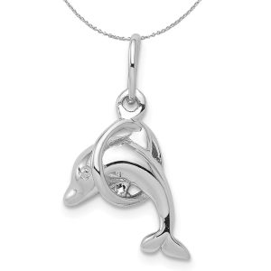 Sterling Silver Small 3D Polished Dolphin and Hoop Charm Necklace