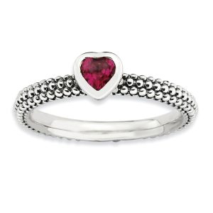 Sterling Silver Stackable 1/3 Carat Created Ruby Heart Ring, Size 8