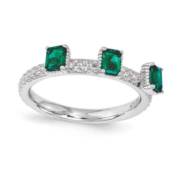 Sterling Silver Stackable Created Emerald Octagon 3 Stone Ring Size 5