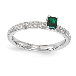 Sterling Silver Stackable Created Emerald Octagon Solitaire Ring Sz 6