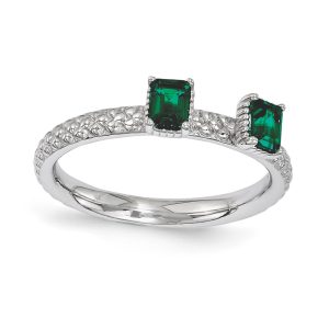 Sterling Silver Stackable Created Emerald Octagon Two Stone Ring Sz 10