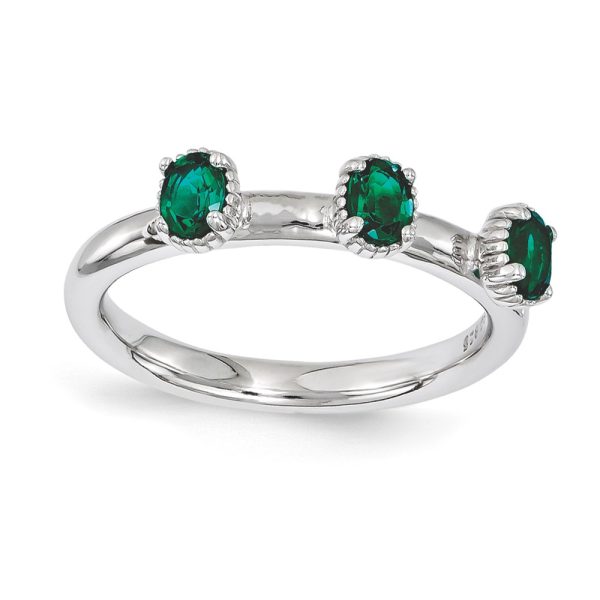 Sterling Silver Stackable Created Emerald Oval Three Stone Ring Size10