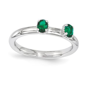 Sterling Silver Stackable Created Emerald Oval Two Stone Ring Size 5