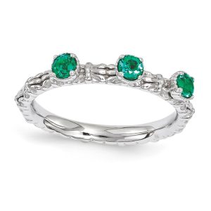 Sterling Silver Stackable Created Emerald Round 3 Stone Ring Size 10