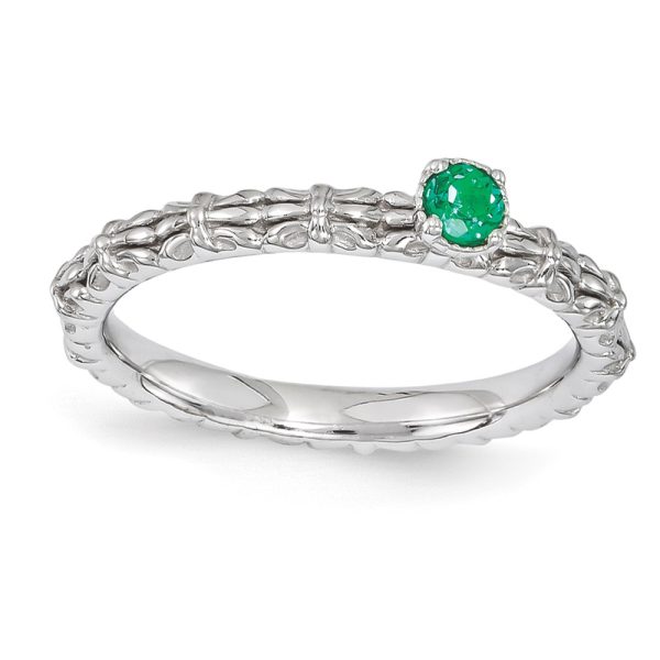 Sterling Silver Stackable Created Emerald Round Single Stone Ring Sz 7