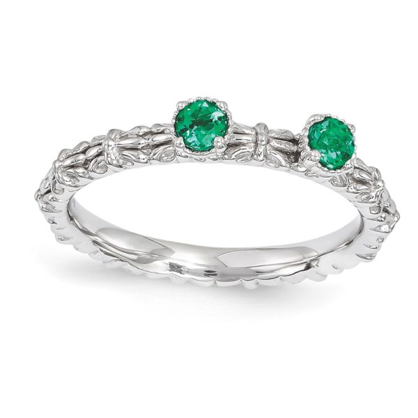 Sterling Silver Stackable Created Emerald Round Two Stone Ring Size 9