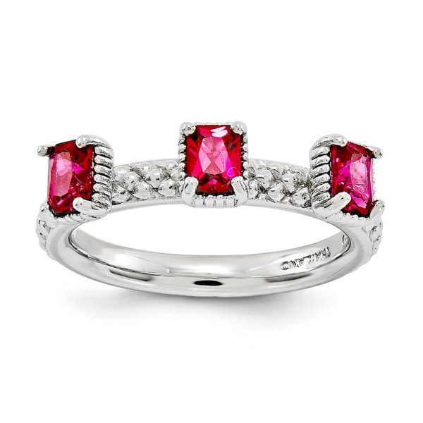 Sterling Silver Stackable Created Ruby Octagon Three Stone Ring Size 5