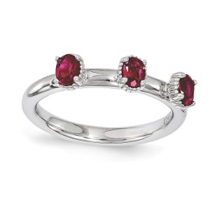 Sterling Silver Stackable Created Ruby Oval Three Stone Ring Size 6