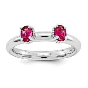 Sterling Silver Stackable Created Ruby Oval Two Stone Ring Size 5